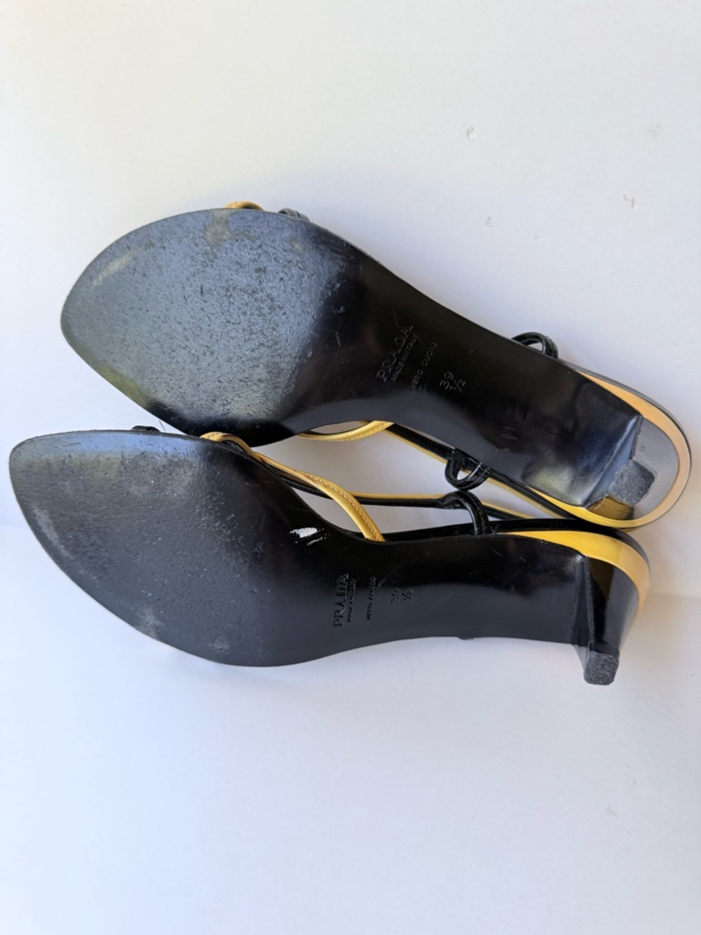 Vintage Prada Black & Yellow Patent Leather Strappy Slingback Sandal Heels 39.5 - Picture 14 of 16